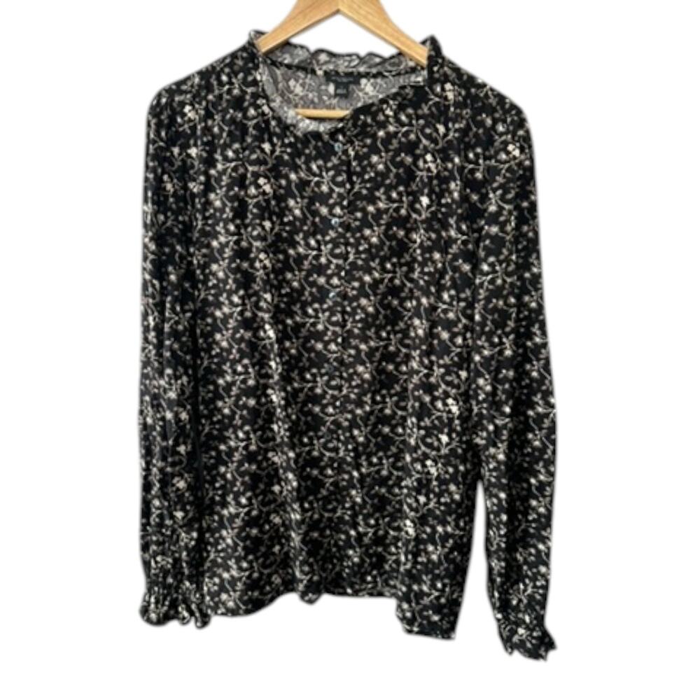 Ann Taylor Black Floral Shirred Puff Long Sleeve Shirt Women's Size Large New